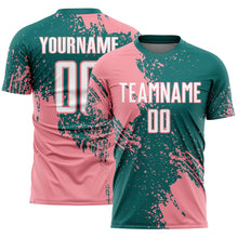 Загрузить изображение в средство просмотра галереи, Custom Teal White-Medium Pink Abstract Brush Stroke Sports Sublimation Soccer Uniform Jersey
