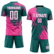 Загрузить изображение в средство просмотра галереи, Custom Teal White-Pink Abstract Brush Stroke Sports Sublimation Soccer Uniform Jersey
