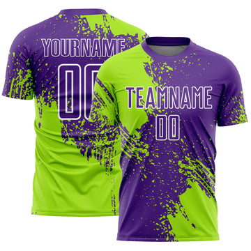 Custom Purple Neon Green-White Abstract Brush Stroke Sports Sublimation Soccer Uniform Jersey