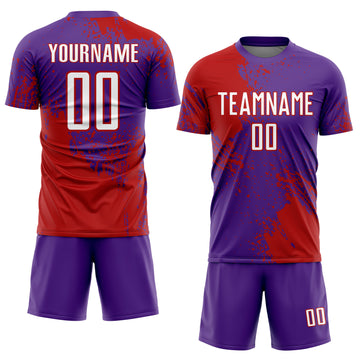 Custom Purple White-Red Abstract Brush Stroke Sports Sublimation Soccer Uniform Jersey