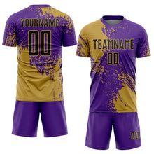 Загрузить изображение в средство просмотра галереи, Custom Purple Black-Old Gold Abstract Brush Stroke Sports Sublimation Soccer Uniform Jersey
