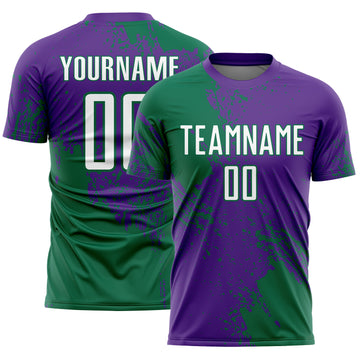 Custom Purple White-Kelly Green Abstract Brush Stroke Sports Sublimation Soccer Uniform Jersey