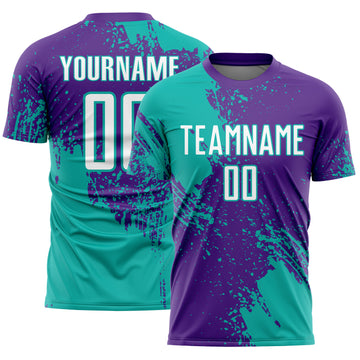 Custom Purple White-Aqua Abstract Brush Stroke Sports Sublimation Soccer Uniform Jersey