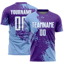 Laden Sie das Bild in den Galerie-Viewer, Custom Purple White-Light Blue Abstract Brush Stroke Sports Sublimation Soccer Uniform Jersey
