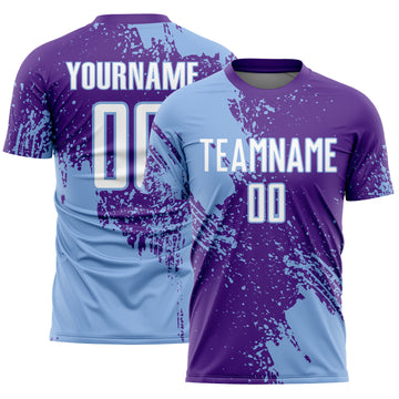 Custom Purple White-Light Blue Abstract Brush Stroke Sports Sublimation Soccer Uniform Jersey