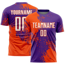 Laden Sie das Bild in den Galerie-Viewer, Custom Purple White-Orange Abstract Brush Stroke Sports Sublimation Soccer Uniform Jersey
