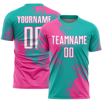 Custom Aqua White-Pink Abstract Brush Stroke Sports Sublimation Soccer Uniform Jersey