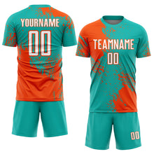 Load image into Gallery viewer, Custom Aqua White-Orange Abstract Brush Stroke Sports Sublimation Soccer Uniform Jersey
