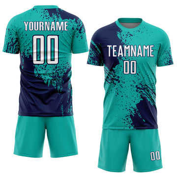 Custom Aqua White-Navy Abstract Brush Stroke Sports Sublimation Soccer Uniform Jersey