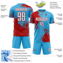 Laden Sie das Bild in den Galerie-Viewer, Custom Sky Blue White-Red Abstract Brush Stroke Sports Sublimation Soccer Uniform Jersey
