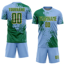 Load image into Gallery viewer, Custom Light Blue Kelly Green-Gold Abstract Brush Stroke Sports Sublimation Soccer Uniform Jersey
