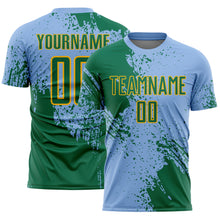 Load image into Gallery viewer, Custom Light Blue Kelly Green-Gold Abstract Brush Stroke Sports Sublimation Soccer Uniform Jersey
