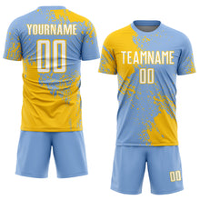 Загрузить изображение в средство просмотра галереи, Custom Light Blue White-Yellow Abstract Brush Stroke Sports Sublimation Soccer Uniform Jersey
