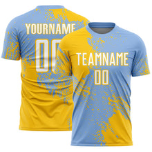 Загрузить изображение в средство просмотра галереи, Custom Light Blue White-Yellow Abstract Brush Stroke Sports Sublimation Soccer Uniform Jersey
