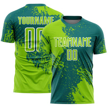 Laden Sie das Bild in den Galerie-Viewer, Custom Teal Neon Green-White Abstract Brush Stroke Sports Sublimation Soccer Uniform Jersey
