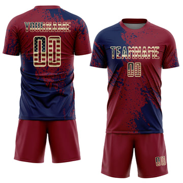 Custom Crimson Vintage USA Flag Navy-Cream Abstract Brush Stroke Sports Sublimation Soccer Uniform Jersey