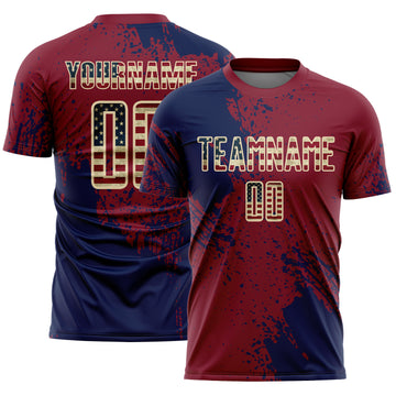 Custom Crimson Vintage USA Flag Navy-Cream Abstract Brush Stroke Sports Sublimation Soccer Uniform Jersey