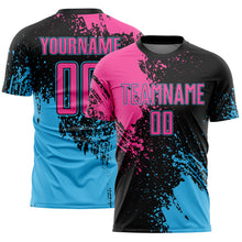 Загрузить изображение в средство просмотра галереи, Custom Black Pink-Sky Blue Abstract Brush Stroke Sports Sublimation Soccer Uniform Jersey
