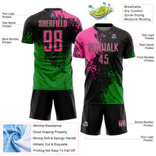 Загрузить изображение в средство просмотра галереи, Custom Black Pink-Grass Green Abstract Brush Stroke Sports Sublimation Soccer Uniform Jersey
