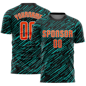 Custom Black Orange Aqua-White Line Sports Sublimation Soccer Uniform Jersey