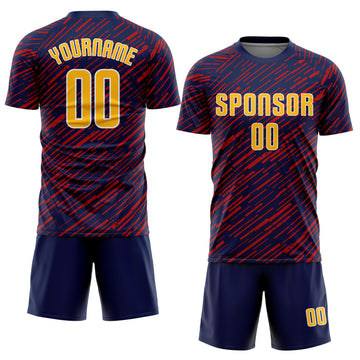 Custom Navy Gold Red-White Line Sports Sublimation Soccer Uniform Jersey