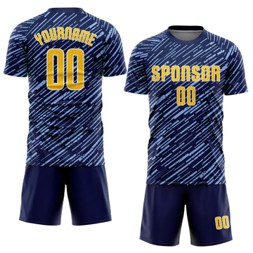 Custom Navy Yellow Light Blue-White Line Sports Sublimation Soccer Uniform Jersey
