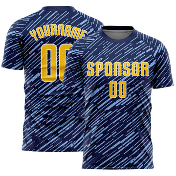 Custom Navy Yellow Light Blue-White Line Sports Sublimation Soccer Uniform Jersey