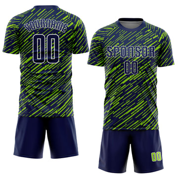 Custom Navy Neon Green-White Line Sports Sublimation Soccer Uniform Jersey