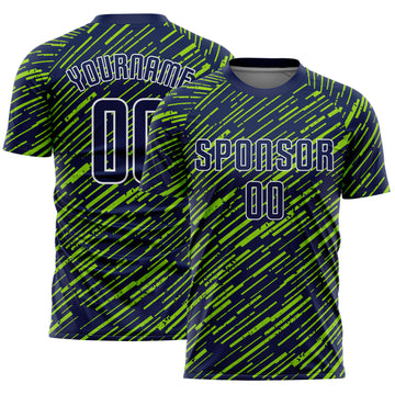 Custom Navy Neon Green-White Line Sports Sublimation Soccer Uniform Jersey