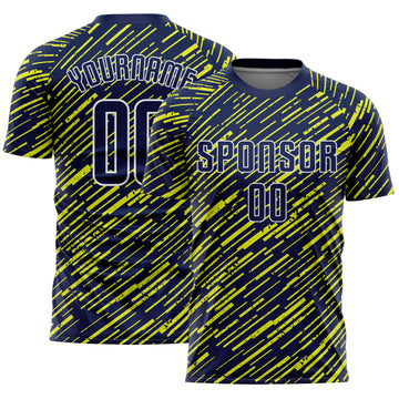 Custom Navy Neon Yellow-White Line Sports Sublimation Soccer Uniform Jersey