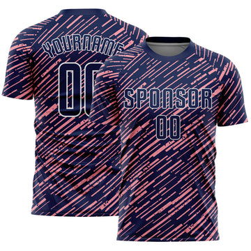 Custom Navy Medium Pink-White Line Sports Sublimation Soccer Uniform Jersey