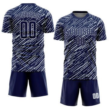 Custom Navy Silver-White Line Sports Sublimation Soccer Uniform Jersey