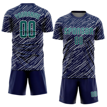 Custom Navy Teal Gray-White Line Sports Sublimation Soccer Uniform Jersey