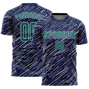 Custom Navy Teal Gray-White Line Sports Sublimation Soccer Uniform Jersey