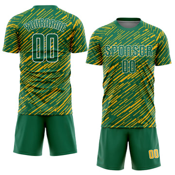 Custom Kelly Green Gold-White Line Sports Sublimation Soccer Uniform Jersey