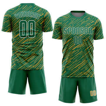Custom Kelly Green Old Gold-White Line Sports Sublimation Soccer Uniform Jersey