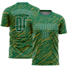 Laden Sie das Bild in den Galerie-Viewer, Custom Kelly Green Old Gold-White Line Sports Sublimation Soccer Uniform Jersey
