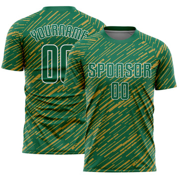 Custom Kelly Green Old Gold-White Line Sports Sublimation Soccer Uniform Jersey
