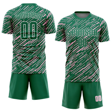 Custom Kelly Green Light Pink-White Line Sports Sublimation Soccer Uniform Jersey