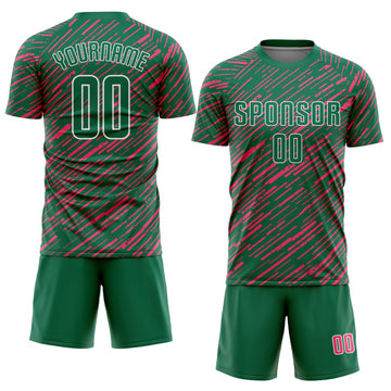 Custom Kelly Green Neon Pink-White Line Sports Sublimation Soccer Uniform Jersey