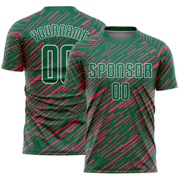 Custom Kelly Green Neon Pink-White Line Sports Sublimation Soccer Uniform Jersey
