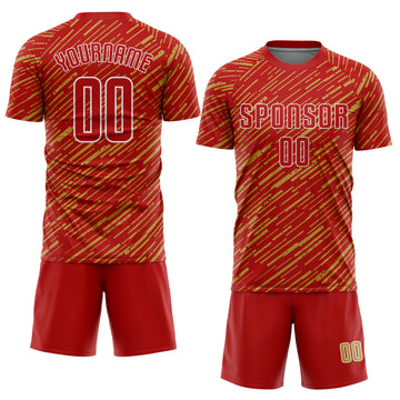 Custom Red Old Gold-White Line Sports Sublimation Soccer Uniform Jersey