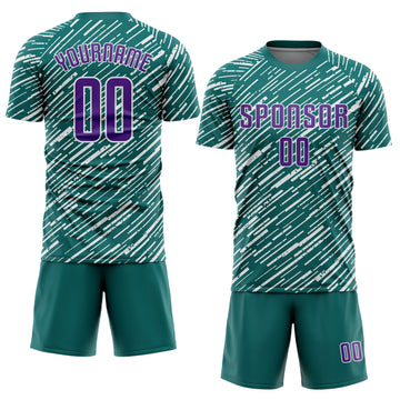 Custom Teal Purple-White Line Sports Sublimation Soccer Uniform Jersey