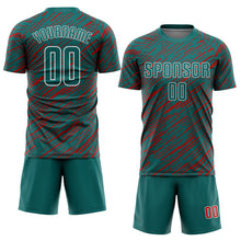Загрузить изображение в средство просмотра галереи, Custom Teal Red-White Line Sports Sublimation Soccer Uniform Jersey
