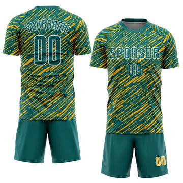 Custom Teal Gold-White Line Sports Sublimation Soccer Uniform Jersey
