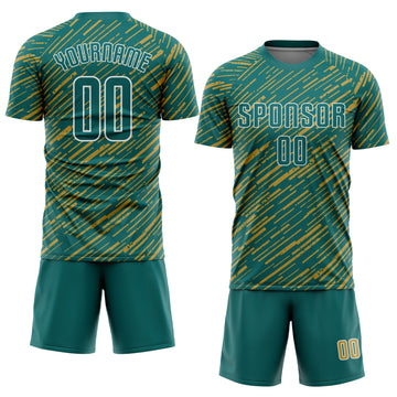 Custom Teal Old Gold-White Line Sports Sublimation Soccer Uniform Jersey