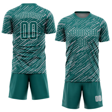 Custom Teal Gray-White Line Sports Sublimation Soccer Uniform Jersey