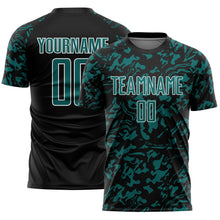 Laden Sie das Bild in den Galerie-Viewer, Custom Black Teal-White Liquid Fluid Pattern Sports Sublimation Soccer Uniform Jersey
