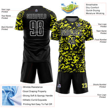 Laden Sie das Bild in den Galerie-Viewer, Custom Black Neon Yellow-White Liquid Fluid Pattern Sports Sublimation Soccer Uniform Jersey
