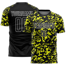 Laden Sie das Bild in den Galerie-Viewer, Custom Black Neon Yellow-White Liquid Fluid Pattern Sports Sublimation Soccer Uniform Jersey
